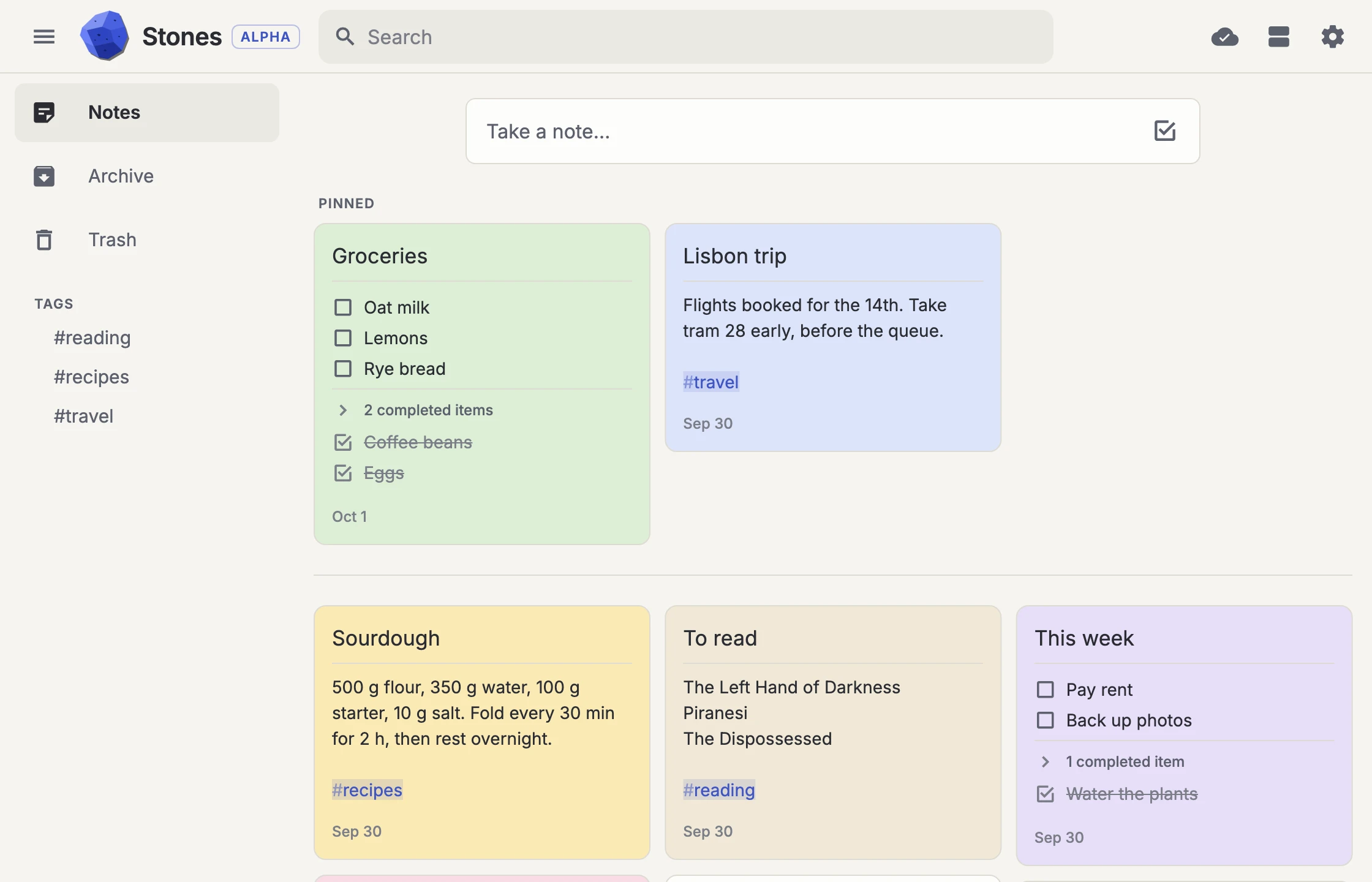 Stones on the web: notes, checklists and tags