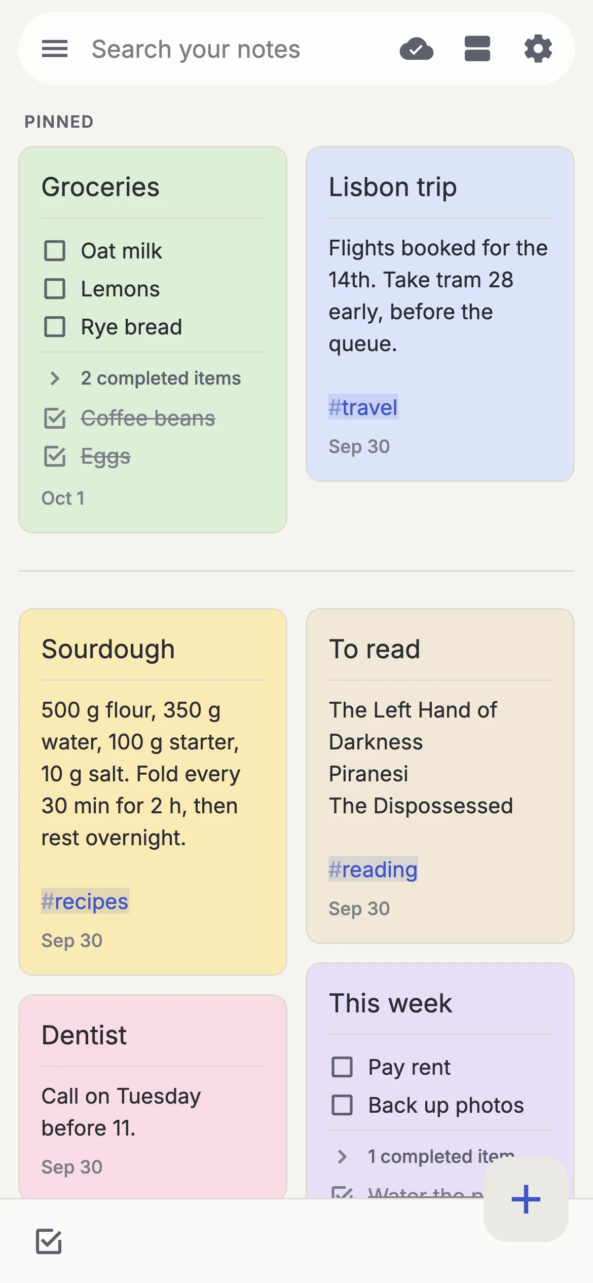 Stones on a phone: pinned and colored notes in a grid