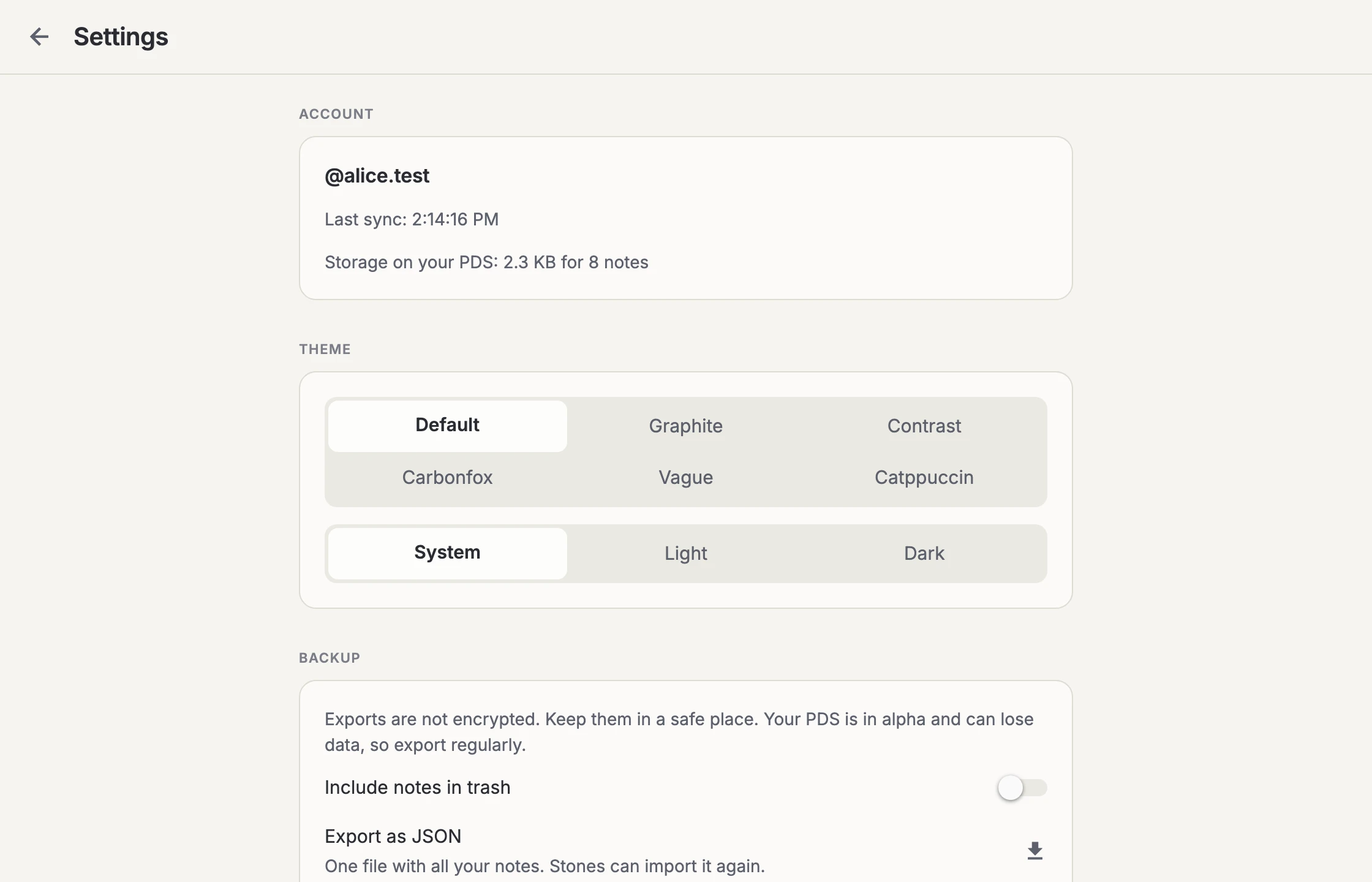 Settings: account, themes and backup